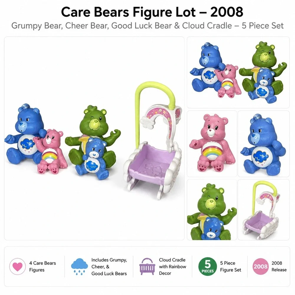 Hasbro Care Bears Figure Lot 2008 Grumpy Cheer Good Luck Bear & Cloud Cradle 5pc